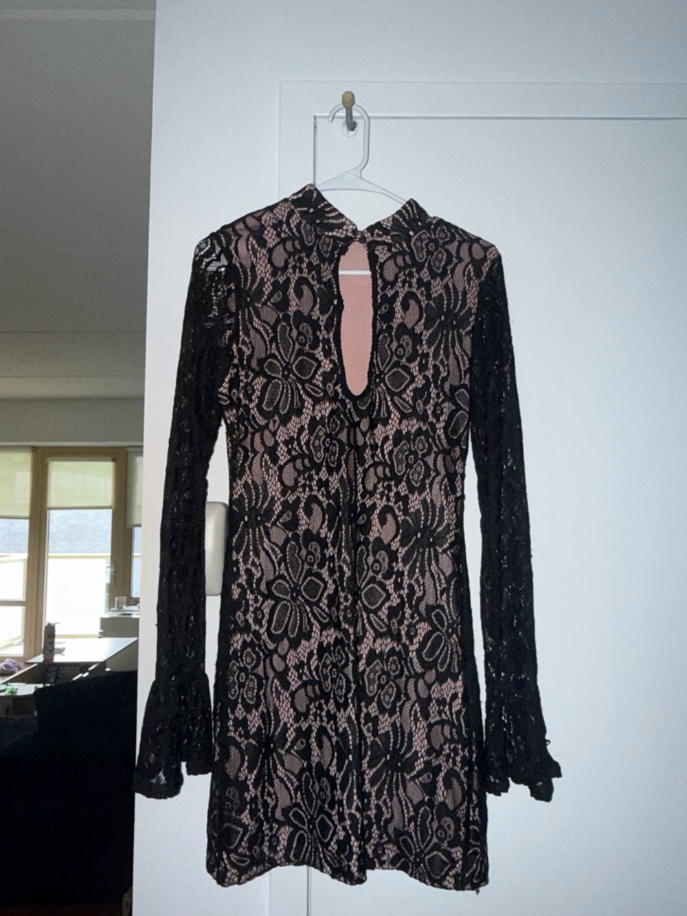 Black Lace Long-Sleeve Dress with Pink Lining